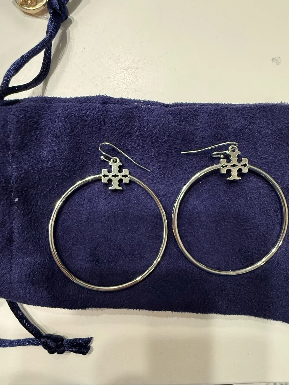 Tory Burch Silver Hoop Earrings with Logo Charm